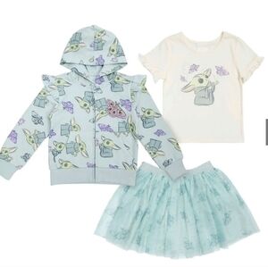 Star wars Disney Yoda Girls 3 Piece Set zip hoodie top and Tutu Size 6 NWT